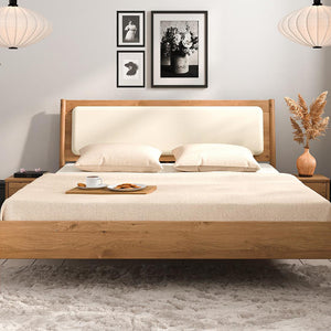 Bett PARIS Eiche massiv mit Leinen - Polsterkopfteil - Empinio24 - 90x200 - 