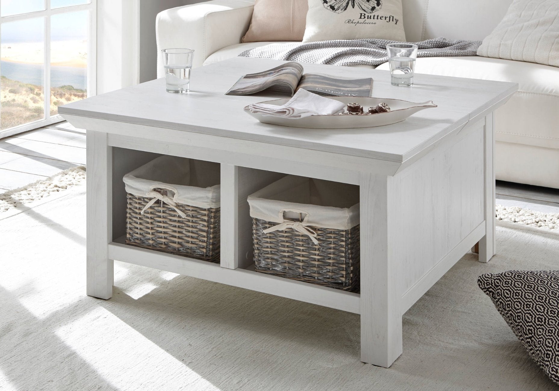 Couchtisch weiss 93x93 cm Höhe 50 cm mit Klappe Pinie WALES – Empinio24