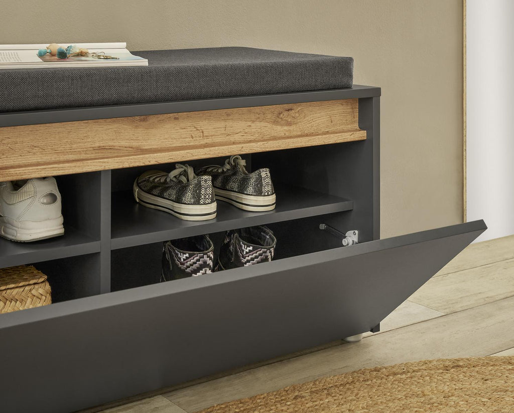Garderobenbank mit Sitzkissen 100 cm anthrazit + Eiche grifflos Boston - Empinio24 - 