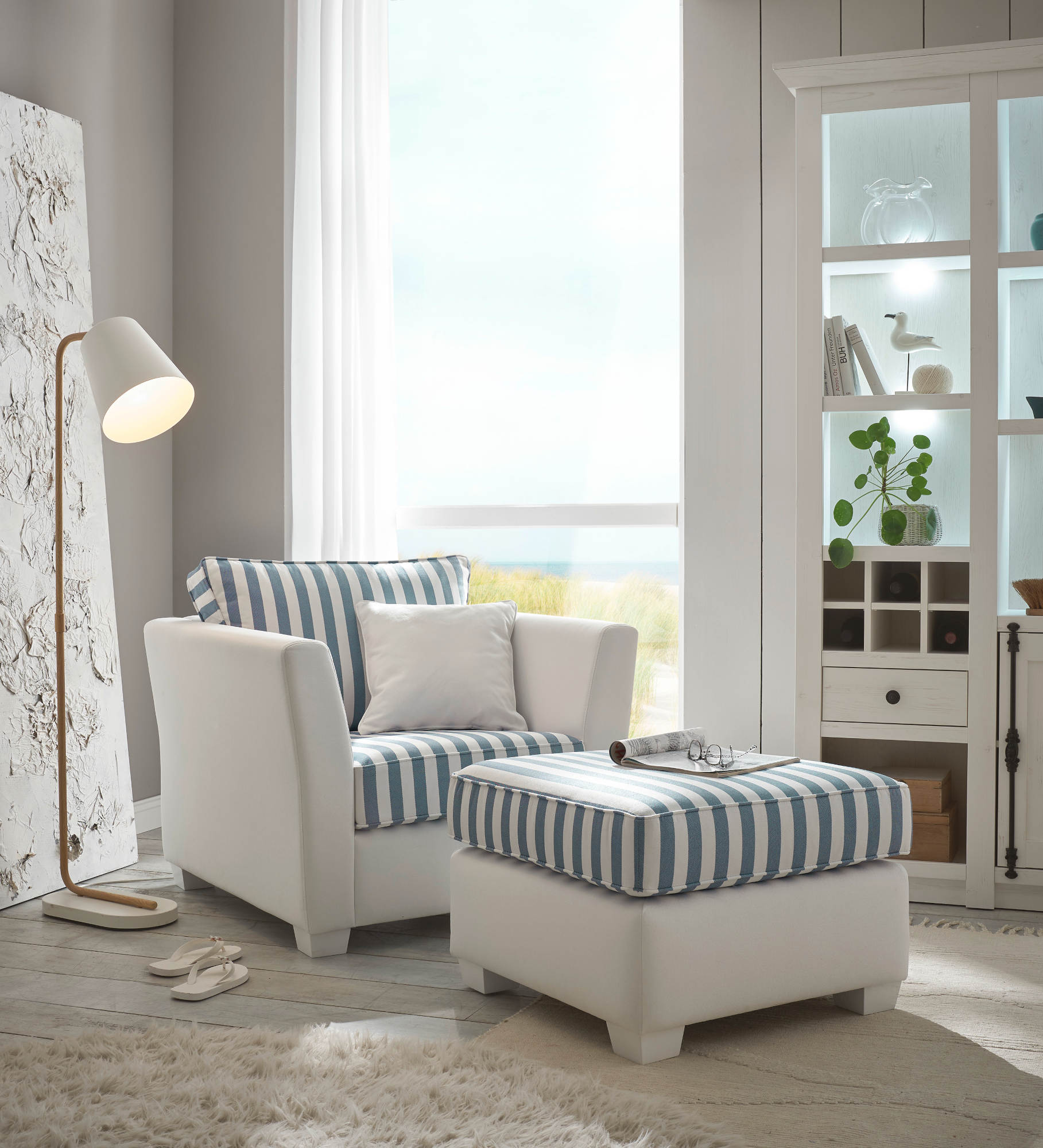 Sessel mit Hocker weiss-blau gestreift Wales – Empinio24