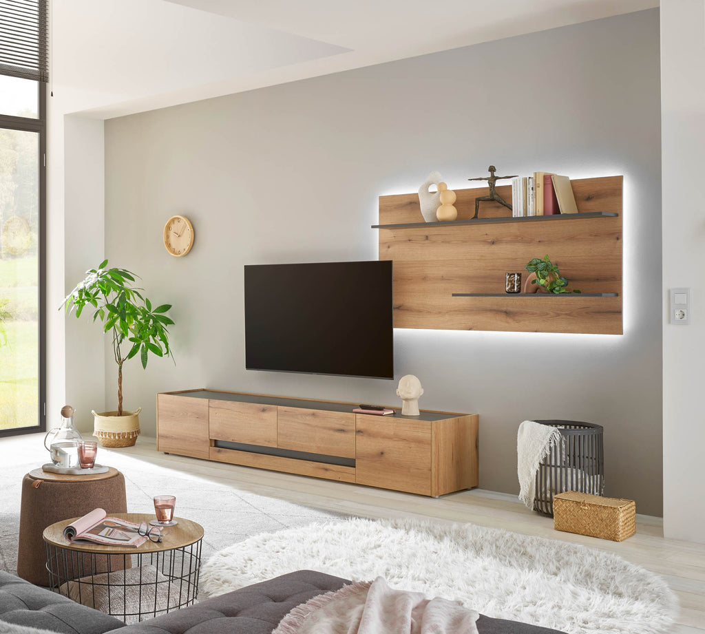 Wohnwand Eiche 300 cm 2 - teilig Nr 15 mit Beleuchtung Boston - Empinio24 - 