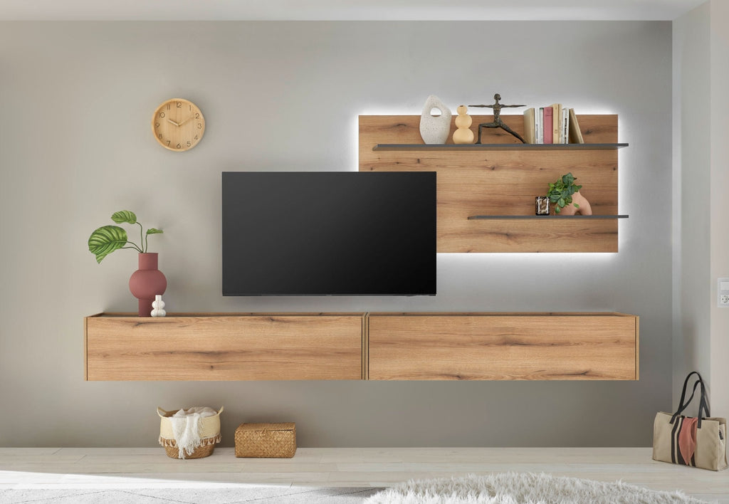 Wohnwand Eiche 300 cm 3 - teilig Nr 11 mit Beleuchtung Boston - Empinio24 - 