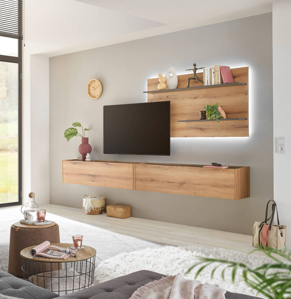 Wohnwand Eiche 300 cm 3 - teilig Nr 11 mit Beleuchtung Boston - Empinio24 - 