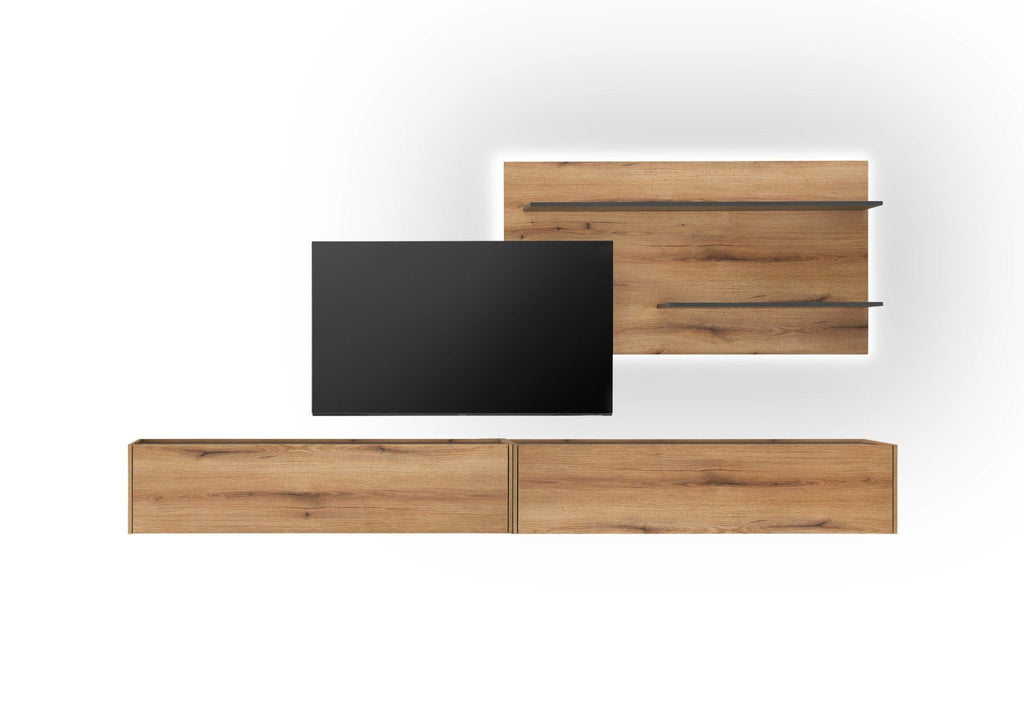 Wohnwand Eiche 300 cm 3 - teilig Nr 11 mit Beleuchtung Boston - Empinio24 - 