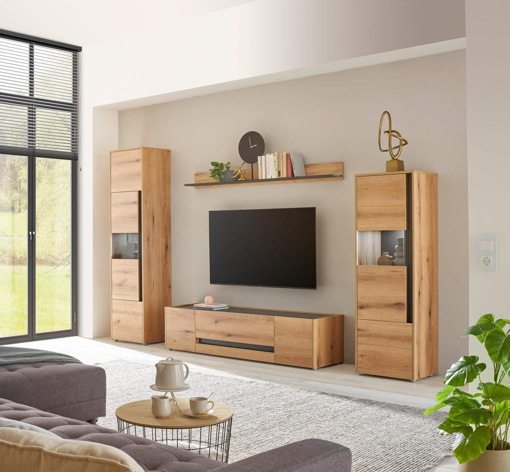 Wohnwand Eiche 310 cm 4 - teilig Nr 19 mit Beleuchtung Boston - Empinio24 - 