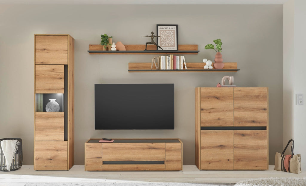 Wohnwand Eiche 330 cm 5 - teilig Nr 20 mit Beleuchtung Boston - Empinio24 - 