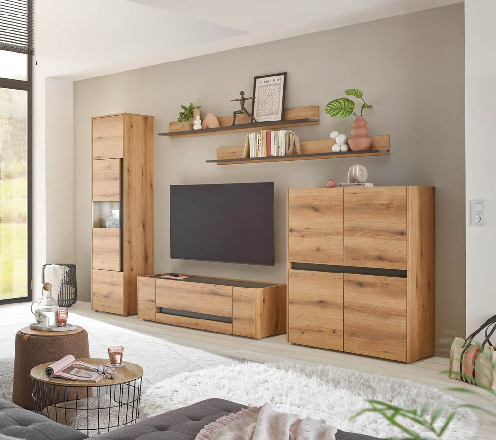 Wohnwand Eiche 330 cm 5 - teilig Nr 20 mit Beleuchtung Boston - Empinio24 - 