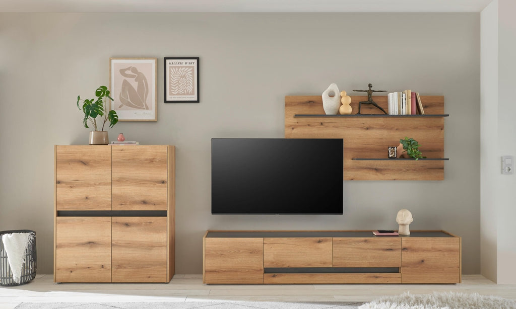 Wohnwand Eiche 340 cm 3 - teilig Nr 16 mit Beleuchtung Boston - Empinio24 - 