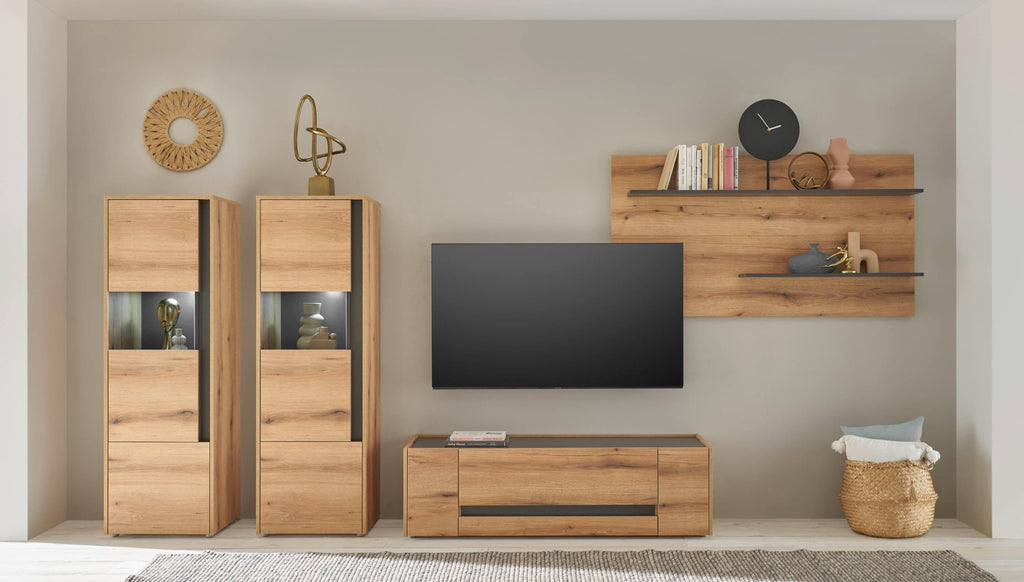 Wohnwand Eiche 340 cm 4 - teilig Nr 18 mit Beleuchtung Boston - Empinio24 - 