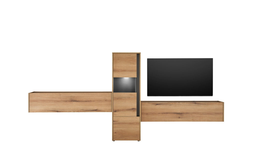 Wohnwand Eiche 350 cm 3 - teilig Nr 14 mit Beleuchtung Boston - Empinio24 - 