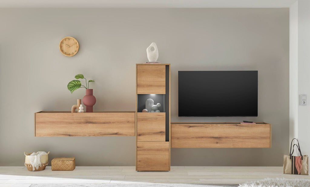 Wohnwand Eiche 350 cm 3 - teilig Nr 14 mit Beleuchtung Boston - Empinio24 - 