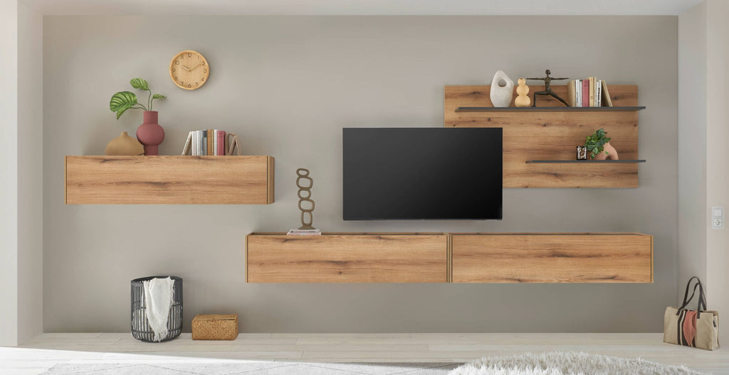 Wohnwand Eiche 400 cm 4 - teilig Nr 13 mit Beleuchtung Boston - Empinio24 - 