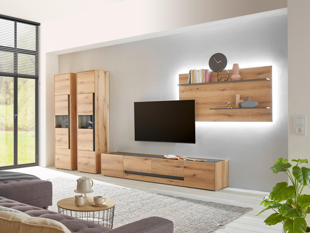 Wohnwand Eiche 400 cm 4 - teilig Nr 21 mit Beleuchtung Boston - Empinio24 - 