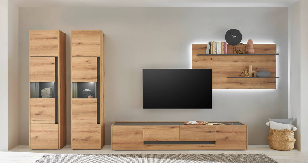 Wohnwand Eiche 400 cm 4 - teilig Nr 21 mit Beleuchtung Boston - Empinio24 - 