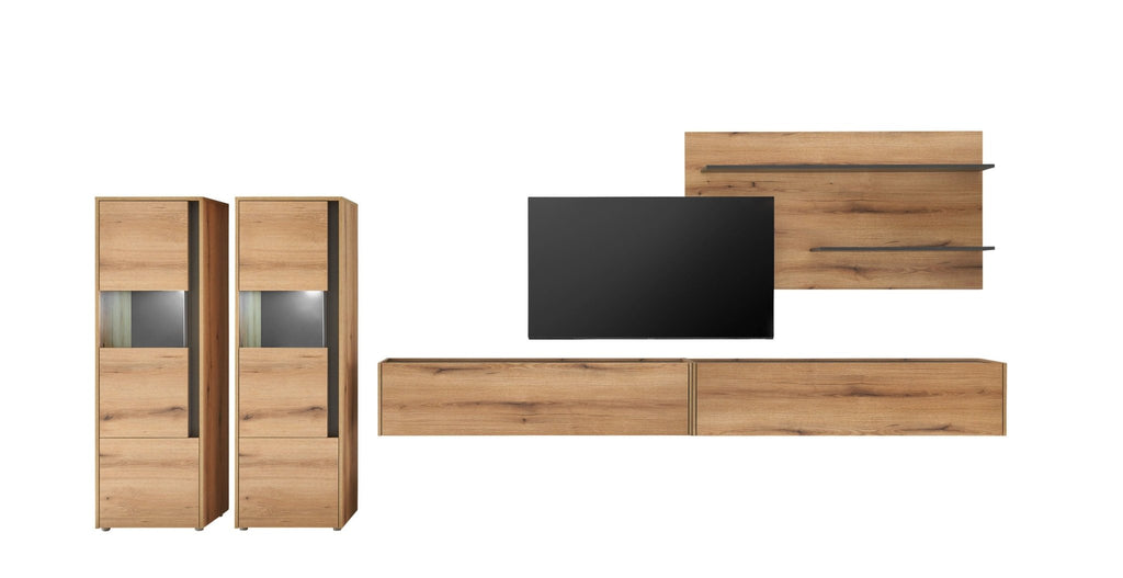 Wohnwand Eiche 440 cm 5 - teilig Nr 22 mit Beleuchtung Boston - Empinio24 - 
