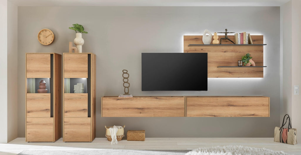 Wohnwand Eiche 440 cm 5 - teilig Nr 22 mit Beleuchtung Boston - Empinio24 - 