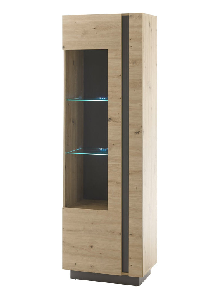 Vitrine hoch 60 cm breit mit 1 Holz-Glastür Eiche Graphit CORATO, Freisteller schräg