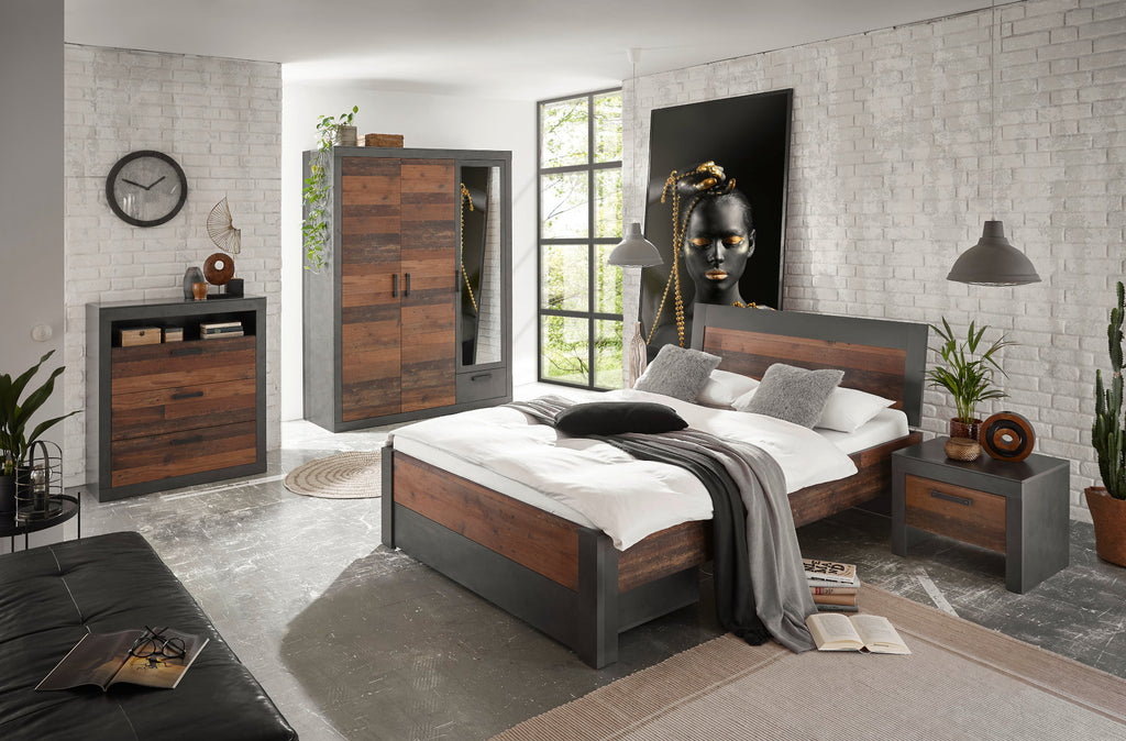 Schlafzimmer Set 5-teilig Bett 140x200 mit Holzkopfteil +Bettkasten used-look QUEENS Nr. 3