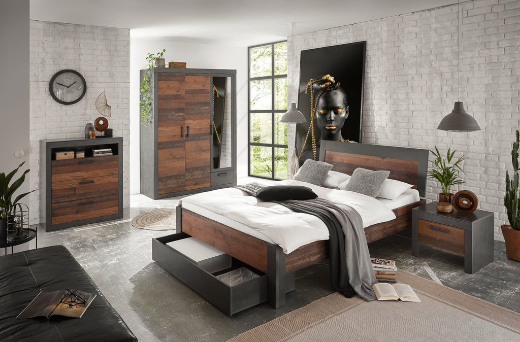 Schlafzimmer Set 5-teilig Bett 140x200 mit Holzkopfteil +Bettkasten used-look QUEENS Nr. 3